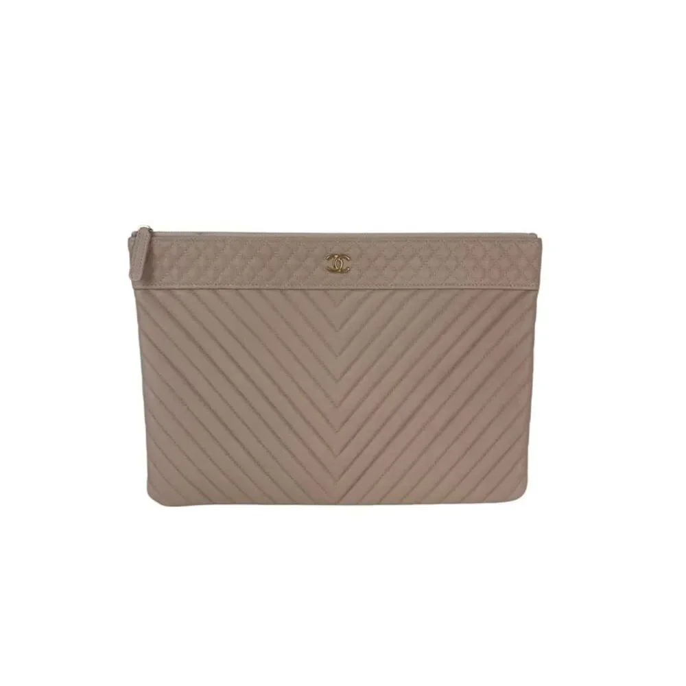 Chanel Caviar Chevron Quilted Large Beige Leather Cosmetic Clutch Bag